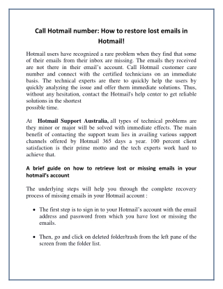 Call Hotmail number: How to restore lost emails in Hotmail!