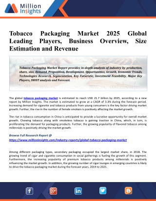 Tobacco Packaging Market 2021 Key Players, Industry Overview, Supply Chain And Analysis To 2027