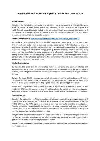 Thin Film Photovoltaic Market Revenue, Opportunity, Segment & Key Trends To 2023