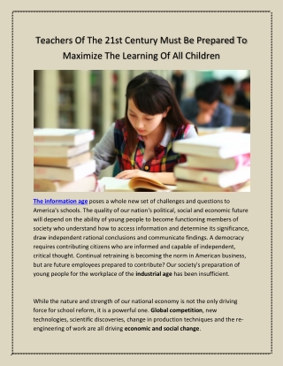 Teachers Of The 21st Century Must Be Prepared To Maximize The Learning Of All Children