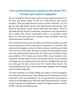 Get a professional pest control service from GTA Toronto pest control companies