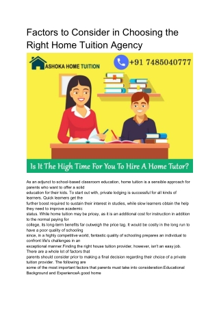 Factors to Consider in Choosing the Right Home Tuition Agency