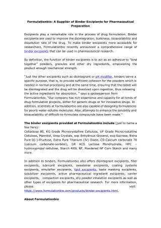Formulationbio: A Supplier of Binder Excipients_for Pharmaceutical Preparation