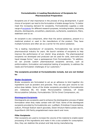 Formulationbio: A Leading Manufacturer of Excipients for Pharmaceutical Preparation