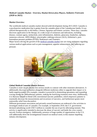 Medical Cannabis Market-  Overview, Market Drivers,Key Players, Industry Forecasts (2020 to 2025)