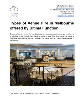 Types of Venue Hire in Melbourne offered by Ultima Function