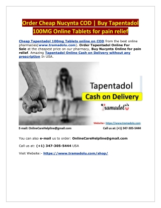 Order Cheap Nucynta COD | Buy Tapentadol 100MG Online Tablets for pain relief