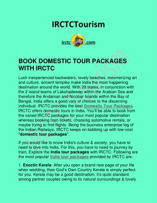 BOOK DOMESTIC TOUR PACKAGES WITH IRCTC