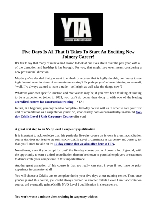Five Days Is All That It Takes To Start An Exciting NewJoinery Career