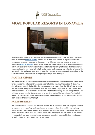 Most Popular Resorts in Lonavala