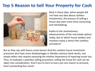 Top 5 Reason to Sell Your Property for Cash