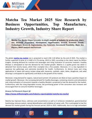 Matcha Tea Market 2025 Global Size, Share, Trends, Type, Application, Industry Key Features