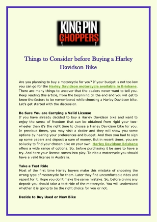 Things To Consider Before Buying A Harley Davidson Bike