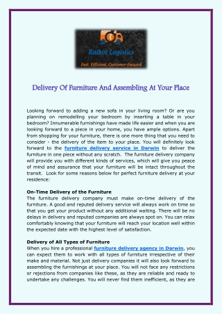 Delivery Of Furniture And Assembling At Your Place