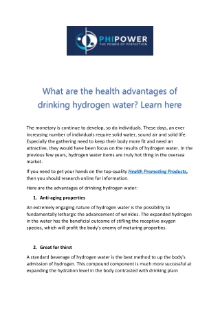 What are the health advantages of drinking hydrogen water? Learn here