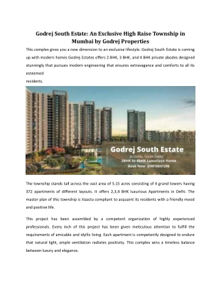 Godrej South Estate: An Exclusive High Raise Township in Mumbai by Godrej Properties!!