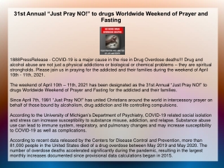 31st Annual “Just Pray NO!” to drugs Worldwide Weekend of Prayer and Fasting