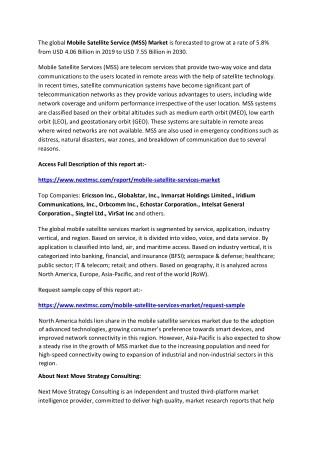 Mobile Satellite Service (MSS) Market Global Demand, Latest Technology and Outlook 2021 to 2030