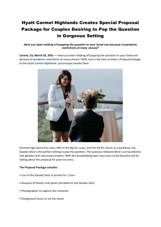 Hyatt Carmel Highlands Creates Special Proposal Package for Couples Desiring to Pop the Question in Gorgeous Setting