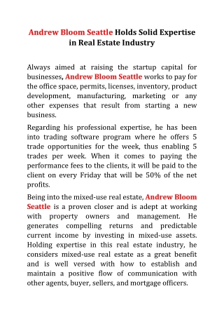 Andrew Bloom Seattle Holds Solid Expertise in Real Estate Industry