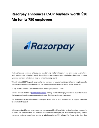 Razorpay announces ESOP buyback worth $10 Mn for its 750 employees