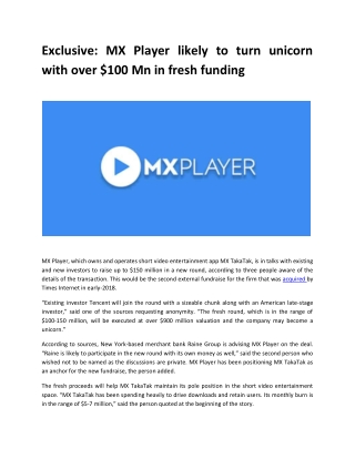 Exclusive: MX Player likely to turn unicorn with over $100 Mn in fresh funding