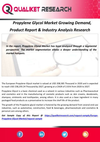 Propylene Glycol Market Growing Demand,  Product Report & Industry Analysis Research