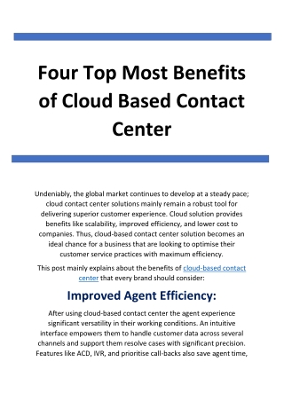 Four Top Most Benefits of Cloud Based Contact Center