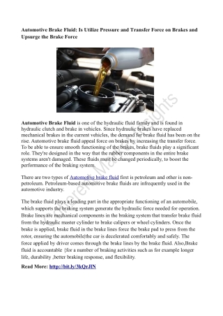 Automotive Brake Fluid: Is Utilize Pressure and Transfer Force on Brakes and Upsurge the Brake Force