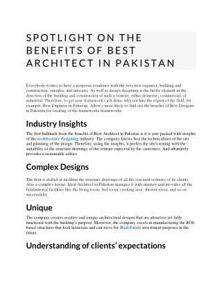 SPOTLIGHT ON THE BENEFITS OF BEST ARCHITECT IN PAKISTAN