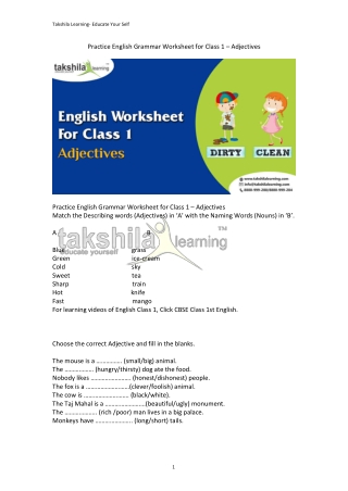 Practice English Grammar Worksheet for Class 1 - Adjectives