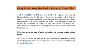 Using Whole House Attic Fan for a Reduced Power Bills