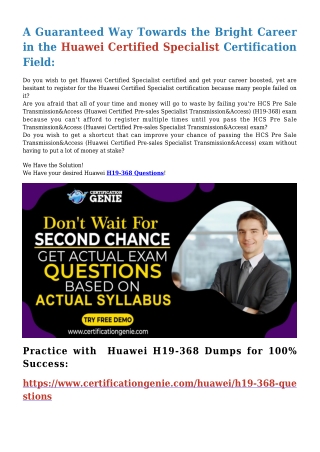 Real Huawei H19-368 Dumps from CertificationGenie