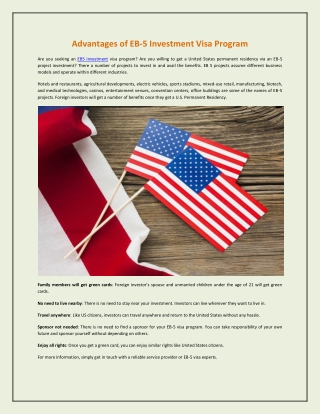 Advantages of EB-5 Investment Visa Program