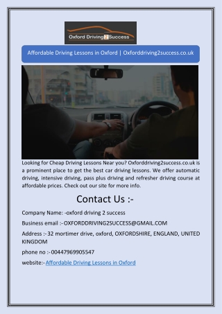 Affordable Driving Lessons in Oxford | Oxforddriving2success.co.uk
