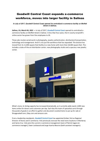 Goodwill Central Coast expands e-commerce workforce, moves into larger facility in Salinas