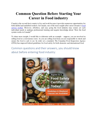 Common Question Before Starting Your Career in Food Industry