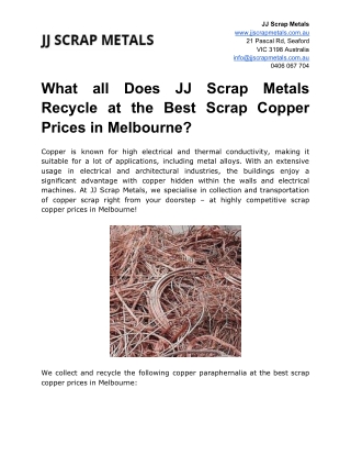 What all Does JJ Scrap Metals Recycle at the Best Scrap Copper Prices in Melbourne?