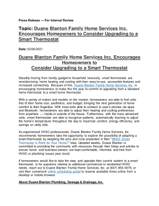 Duane Blanton Family Home Services Inc. Encourages Homeowners to Consider Upgrading to a Smart Thermostat