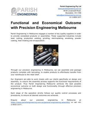 Functional and Economical Outcome with Precision Engineering Melbourne