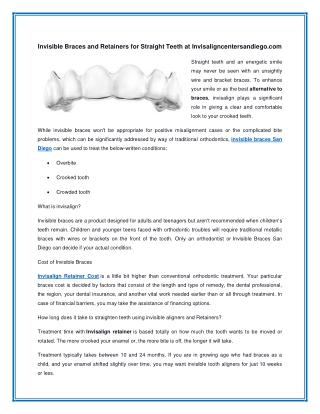 Invisible Braces and Retainers for Straight Teeth at Invisaligncentersandiego.com