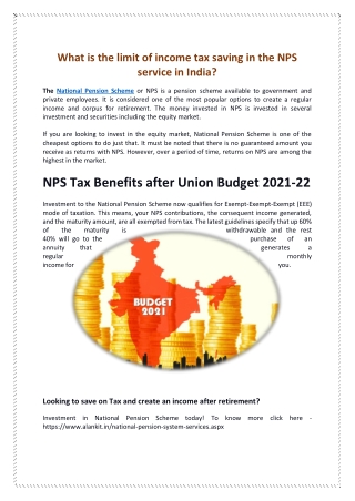 What is the limit of income tax saving in the NPS service in India,