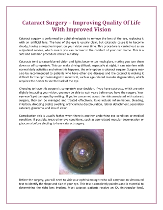 Cataract Surgery – Improving Quality Of Life With Improved Vision