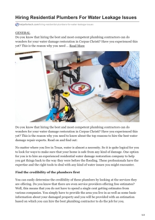 Hiring Residential Plumbers For Water Leakage Issues