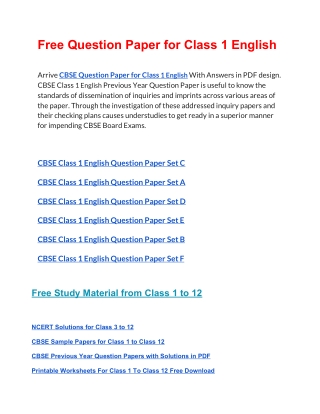 CBSE Question Papers Class 1 English PDF Solutions Download