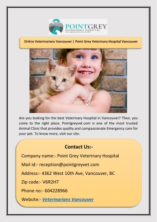 Online Veterinarians Vancouver | Point Grey Veterinary Hospital Vancouver