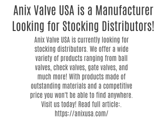 Anix Valve USA is a Manufacturer Looking for Stocking Distributors!