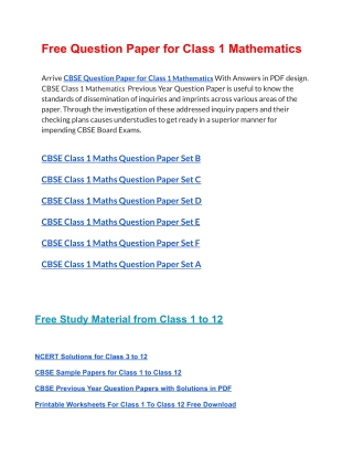 CBSE Question Papers Class 1 Mathematics PDF Solutions Download