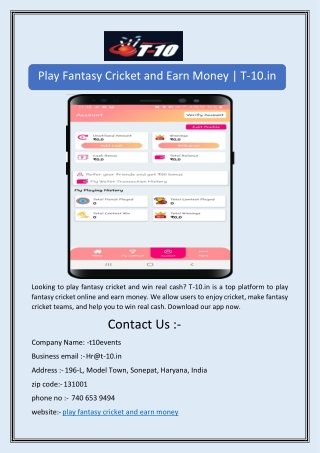 Play Fantasy Cricket and Earn Money | T-10.in