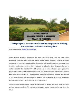 Godrej Bagalur: A Luxurious Residential Project With a Strong Impression of Its Essence at Bangalore!!